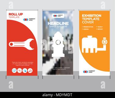 water tank modern business roll up banner design template, Fire Hydrant creative poster stand or brochure concept, adjustable wrench cover publication Stock Vector