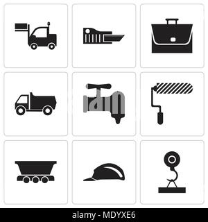 Set Of 9 simple editable icons such as load crane, header, freight wagon, roller, crane, truck, bag, cutter, lorry, can be used for mobile, web UI Stock Vector