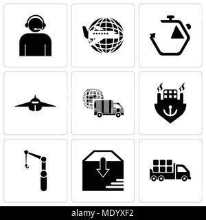 Set Of 9 simple editable icons such as Boxes storage for delivery inside a truck box from back view, Package delivery, Crane, Ocean transportation, In Stock Vector
