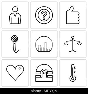 Set Of 9 simple editable icons such as Mercury thermometer, Old phone, Heart, Weighing scale, Bar chart, Voice recorder, Thumb up, Question mark, Male Stock Vector