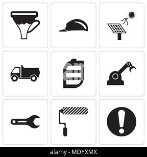 Set Of 9 simple editable icons such as exclamation, roller, pipe wrench, jenny, battery, truck, solar battery, header, funnel, can be used for mobile, Stock Vector