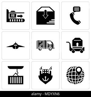 Set Of 9 simple editable icons such as International delivery, Ocean transportation, Container hanging of a crane, Package transportation on a trolley Stock Vector