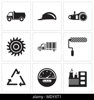 Set Of 9 simple editable icons such as factory, speedometer, triangle, roller, truck, saw blade, electric saw, header, truck, can be used for mobile,  Stock Vector