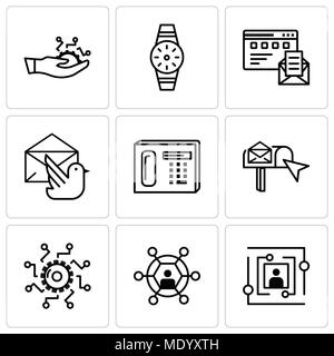 Set Of 9 simple editable icons such as User, User, Settings, email box, Phone, Mail bird, Browser and mail, Smartwatch, Development, can be used for m Stock Vector