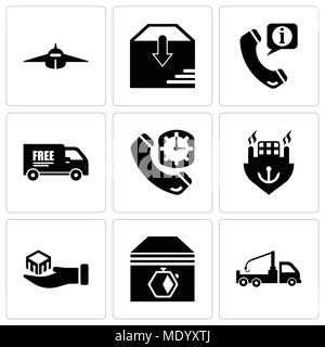 Set Of 9 simple editable icons such as Crane truck, Up arrows couple, Package delivery in hand, Ocean transportation, Phone auricular and clock delive Stock Vector