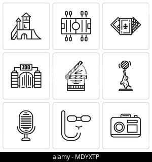 Set Of 9 simple editable icons such as Camera, Diving mask, Microphone, Elephant, Clapperboard, Zoo, Casino, Soccer, Playground, can be used for mobil Stock Vector