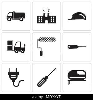 Set Of 9 simple editable icons such as jigsaw, screwdriver, electrical plug, turn-screw, roller, truck, header, factory, truck, can be used for mobile Stock Vector