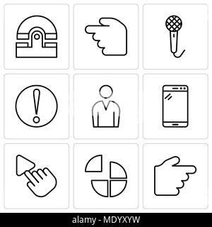 Set Of 9 simple editable icons such as Hand pointing to right, Pie chart, Selection Tool, Tablet, Male avatar, Caution, Voice recorder, Hourglass, Old Stock Vector