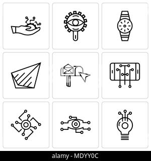 Set Of 9 simple editable icons such as Idea, Analysis, Cpu, Smartphone, email box, Send, Smartwatch, View, Development, can be used for mobile, web UI Stock Vector
