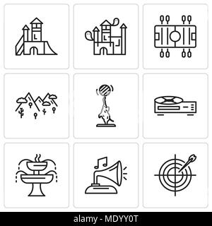 Set Of 9 simple editable icons such as Darts, Gramphone, Fountain, Video recorder, Elephant, Mountains, Soccer, House, Playground, can be used for mob Stock Vector