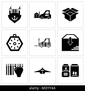 Set Of 9 simple editable icons such as Packages storage for delivery, Airplane frontal view, Identification for delivery with bars, Package delivery,  Stock Vector