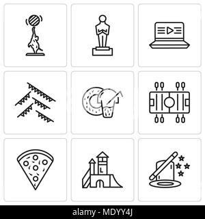 Set Of 9 simple editable icons such as Magic, Playground, Confetti, Soccer, Donut, Garland, Movie, Oscar, Elephant, can be used for mobile, web UI Stock Vector