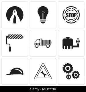 Set Of 9 simple editable icons such as settings, wrench, header, tipper, truck, roller, stop, bulb, flat plyer, can be used for mobile, web UI Stock Vector