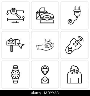 Set Of 9 simple editable icons such as Cloud computing, Air balloon, Smartwatch, Remote control, Development, email box, Plug, Telephone, Monitor, can Stock Vector