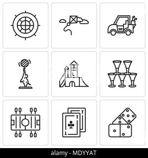 Set Of 9 simple editable icons such as Domino, Cards, Soccer, Glasses, Playground, Elephant, Golf car, Kite, Roulette, can be used for mobile, web UI Stock Vector