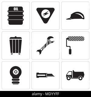 Set Of 9 simple editable icons such as truck, knife, setting lamp, roller, adjustable wrench, trash, header, danger, oil, can be used for mobile, web  Stock Vector