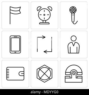 Set Of 9 simple editable icons such as Old phone, Arrow pointing to up, Wallet with zipper, Male avatar, Update arrows, Smartphone, Voice recorder, Al Stock Vector