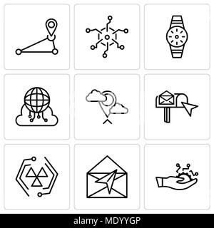 Set Of 9 simple editable icons such as Development, Mail, Cells, email box, Placeholder, Cloud computing, Smartwatch, Analytics, Pin, can be used for  Stock Vector