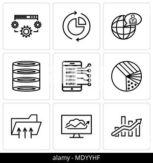 Set Of 9 simple editable icons such as Bars chart, Cloud Analysis, Connected folder data, Pie graphic with four areas, Data analytics upgoing bars cha Stock Vector