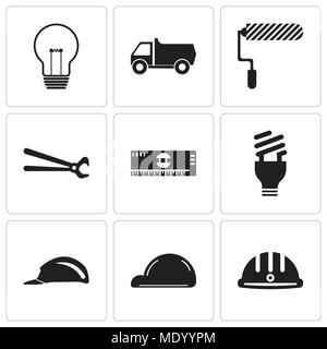 Set Of 9 simple editable icons such as hard hat, helmet, header, lightbulb, scale, nippers, roller, truck, bulb, can be used for mobile, web UI Stock Vector