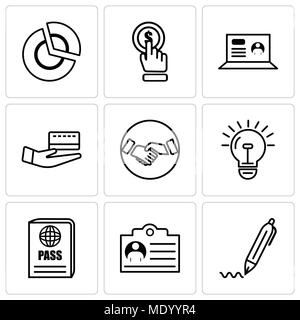 Set Of 9 simple editable icons such as pen, document, passport, bulb, hand shaking, card, laptop, click, pie chart, can be used for mobile, web UI Stock Vector