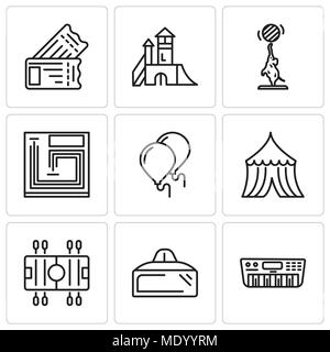 Set Of 9 simple editable icons such as Synthesizer, Vr glasses, Soccer, Tent, Balloons, Board game, Elephant, Playground, Tickets, can be used for mob Stock Vector