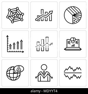 Set Of 9 simple editable icons such as Text settings bubble, Data Analyser, Global user, Laptop data analytics on screen with circles, Decreasing stoc Stock Vector