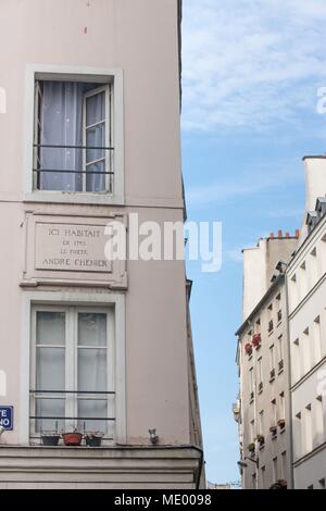 Paris, 2nd arrondissement, 97 rue de clery, angle of a building with the rue beauregard, André Chenier lived here, Stock Photo