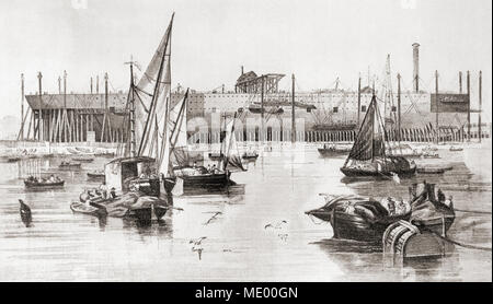 Building the S S Great Eastern steamship at the Millwall Iron Works, River Thames, London, England in 1857. From The Face of London, published 1937. Stock Photo