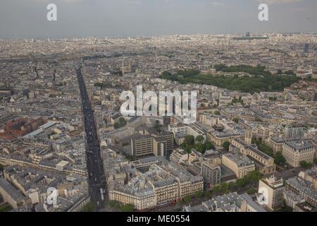 Aerial view of Paris from the 56th floor of the Tour Montparnasse, 6th arrondissement, Rue de Rennes, axe rouge, Stock Photo