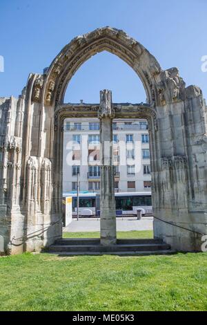 France, Rouen, ruins of the former Church Saint-Vincent, bombarded in 1944, South gate and wall, Stock Photo