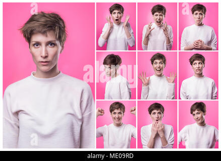 Different emotions collage. Set of young emotional girl isolated over pink background. Female different emotions. Stock Photo