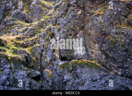 Graffiti of the dam builders: High Mountain Sheep (dam) Pacific Northwest Power. Site of the 670 foot high proposed High Mountain Sheep dam; Hells Can Stock Photo