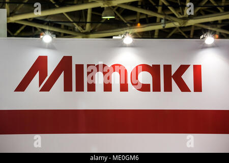 Moscow, Russia - April, 2108: Mimaki company logo printed on banner. Mimaki Engineering is a global industry manufacturer of wide-format inkjet printe Stock Photo