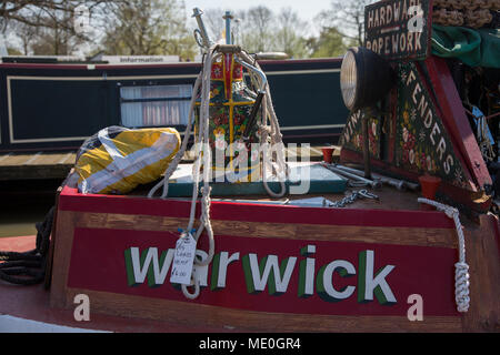 close up of a canal boat selling traditionally made hand painted canal boat products in Stratford Upon Avon, England Stock Photo