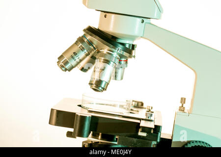 Light microscope stage and lenses. Stock Photo