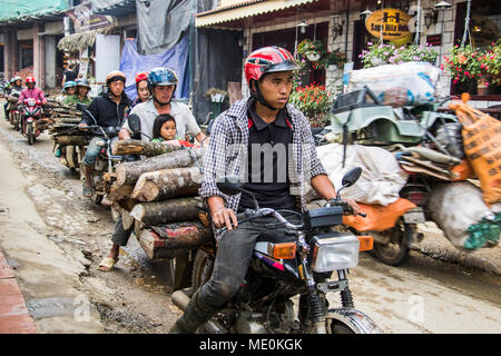 People hauling logs on motorbikes; Sapa, Lao Cai, Vietnam Stock Photo