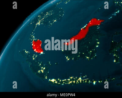 Night map of Malaysia as seen from space on planet Earth. 3D illustration. Elements of this image furnished by NASA. Stock Photo