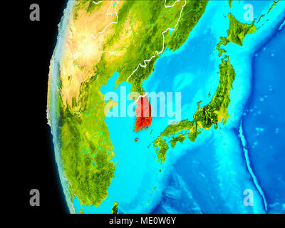 Orbit view of South Korea highlighted in red on planet Earth. 3D ...