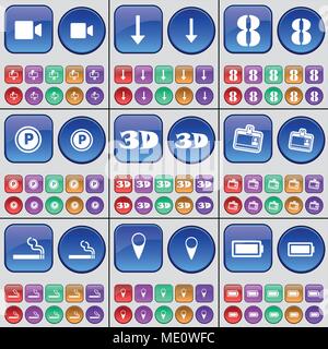 Film camera, Arrow down, Eight, Parking, 3D, Contact, Cigarette, Checkpoint, Battery. A large set of multi-colored buttons. Vector illustration Stock Vector
