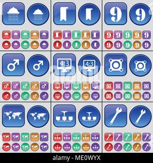 Shower, Marker, Nine, Mars symbol, Monitor, Speaker, Globe, Chandelier, Wrench. A large set of multi-colored buttons. Vector illustration Stock Vector