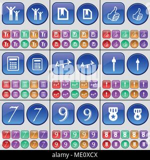 Silhouette, File, Like, Calculator, Swing, Pipette, Seven, Nine, Medal. A large set of multi-colored buttons. Vector illustration Stock Vector