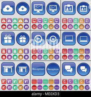 Cloud, Monitor, Contact, Gift, Minus, Laptop, Table, Reception, Chat bubble. A large set of multi-colored buttons. Vector illustration Stock Vector