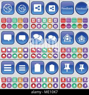 Countdown, Share, Feedback, Chat bubble, House, List, Battery, Pin. A large set of multi-colored buttons. Vector illustration Stock Vector