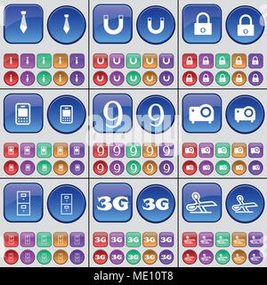 Tie, Magnet, Lock, Mobile phone, Nine, Projector, Archive, 3G, Scissors. A large set of multi-colored buttons. Vector illustration Stock Vector