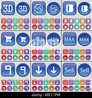 3D, Countdown, Notebook, Shopping cart, Discount, Max, Nine, Arrow down, Sell. A large set of multi-colored buttons. Vector illustration Stock Vector