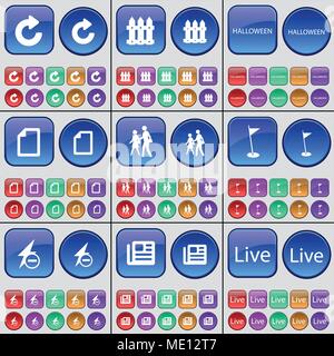 Reload, Fence, Halloween, File, Silhoutte, Golf hole, Flash, Newspaper, Live. A large set of multi-colored buttons. Vector illustration Stock Vector