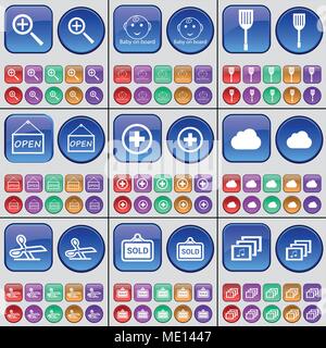 Magnifying glass, Baby on board, Paddle, Open, Plus, Cloud, Scissors, Sold, Gallery. A large set of multi-colored buttons. Vector illustration Stock Vector