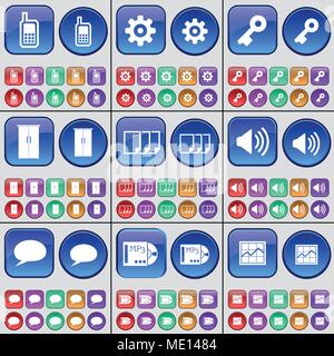 Monitor, Gear, Key, Cupboard, Files, Sound, Chat bubble, MP3, Graph. A large set of multi-colored buttons. Vector illustration Stock Vector