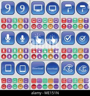 Nine, Monitor, Roller, Microphone, Touch, Tick, Tablet, Download, Euro. A large set of multi-colored buttons. Vector illustration Stock Vector